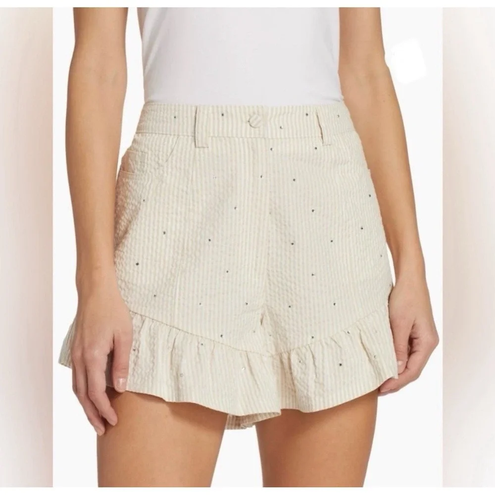 Cinq A‎ Sept Neema Rhinestone Seersucker Shorts Cream Ruffle Chic 10 Striped